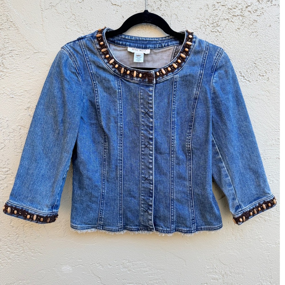 Nine West Y2k Denim Jacket Medium Beaded Trim 3/4 Sleeve Button Up Boho Preppy